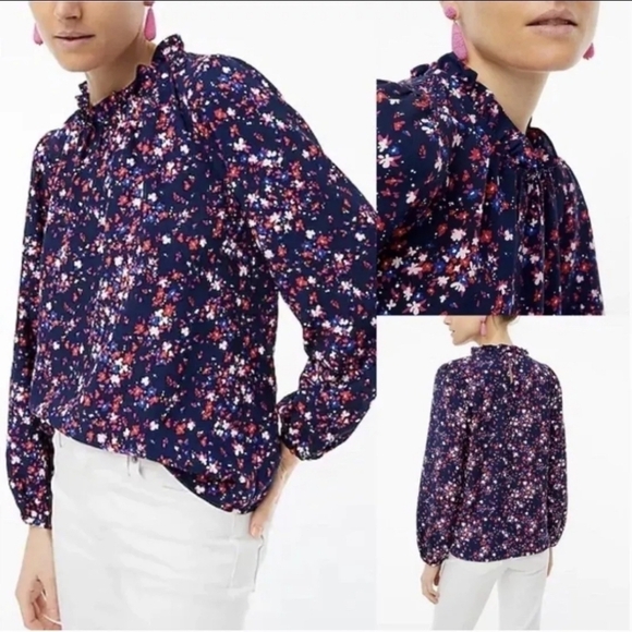 J. Crew Factory Long Sleeve Ruffleneck Top Floral Navy Size XS - Picture 1 of 11